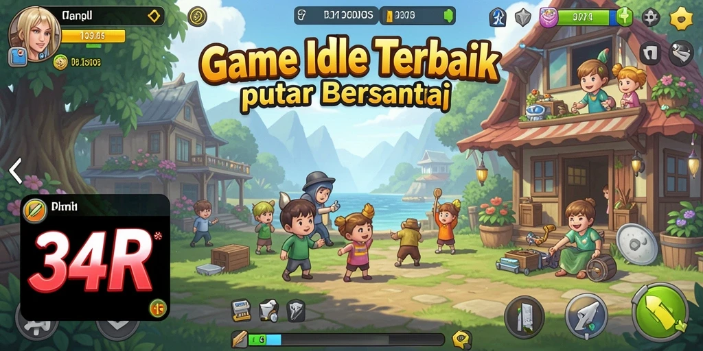 Screenshot gameplay 34R menunjukkan karakter yang sedang mengumpulkan sumber daya.