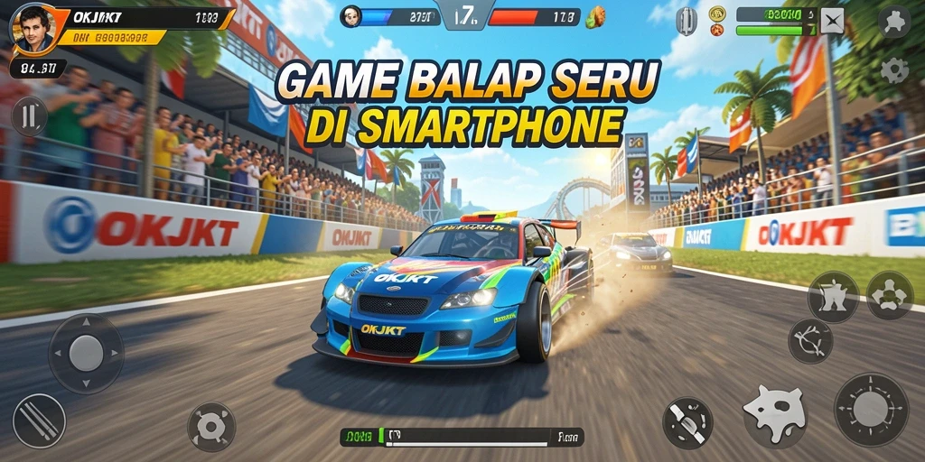 Screenshot utama OKJKT menampilkan aksi balap yang mendebarkan.