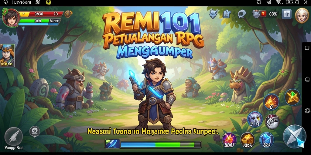 Screenshot utama REMI101 menampilkan pertarungan epik di dunia RPG.